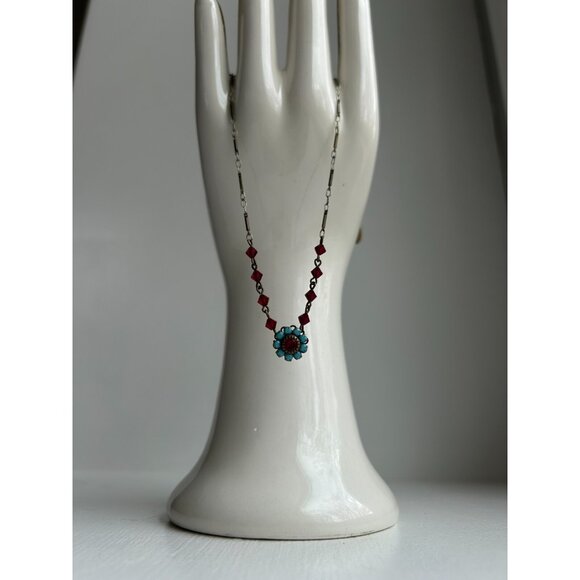 Vintage Liz Palacios BrassTone Red Blue Austrian Crystal Flower Necklace - Picture 1 of 9